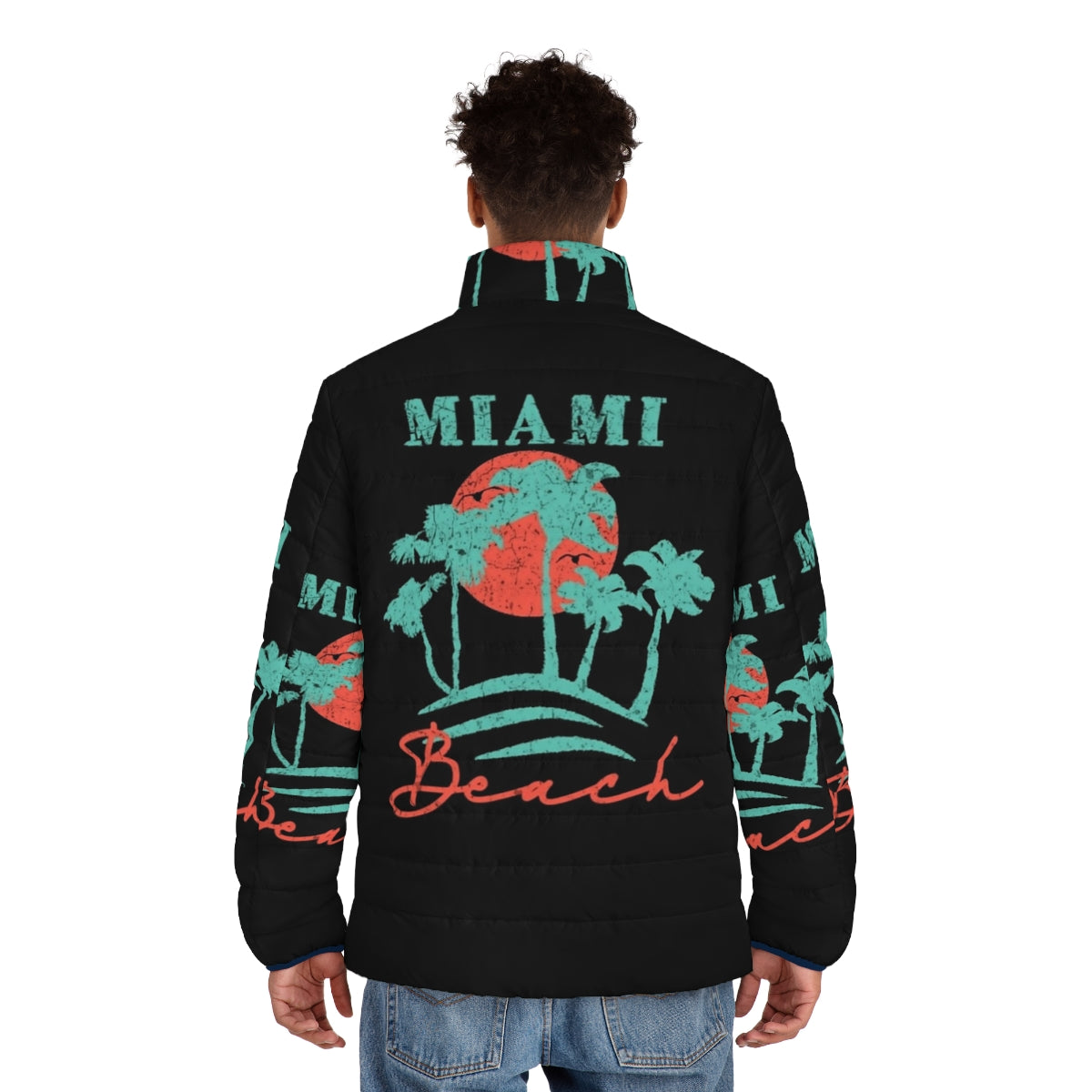 Vintage Miami Beach Retro Sunset Distressed Puffer Jacket - men back