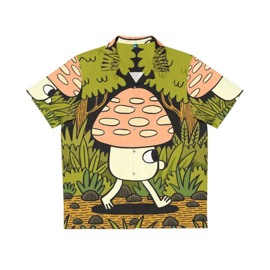 Whimsical Hawaiian shirt with mushroom and nature print design