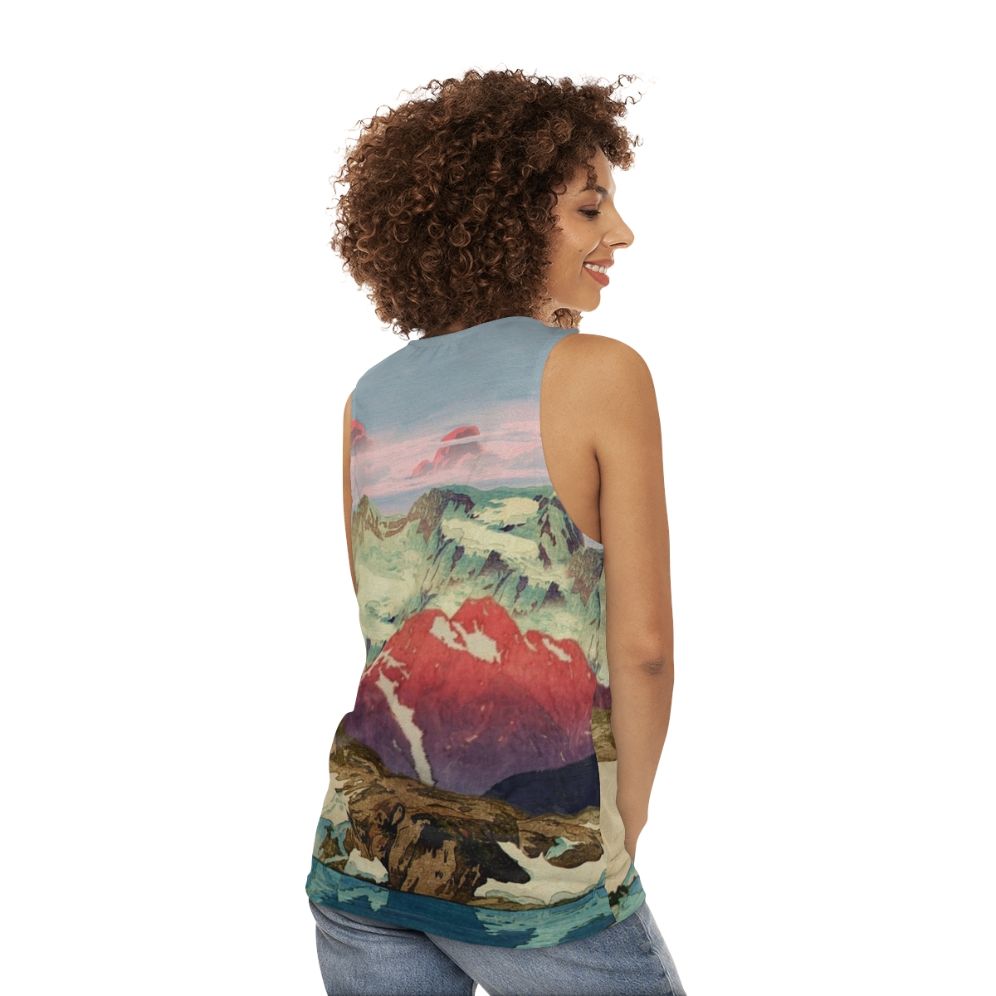 Unisex tank top with a winter landscape inspired by Japanese ukiyo-e art - women back