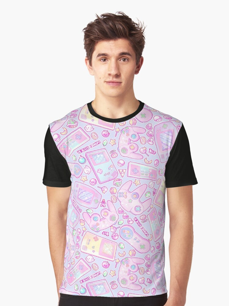 A pastel-colored t-shirt with a graphic design featuring classic Nintendo characters like Mario, Kirby, and Zelda in a cute, aesthetic style. - Men