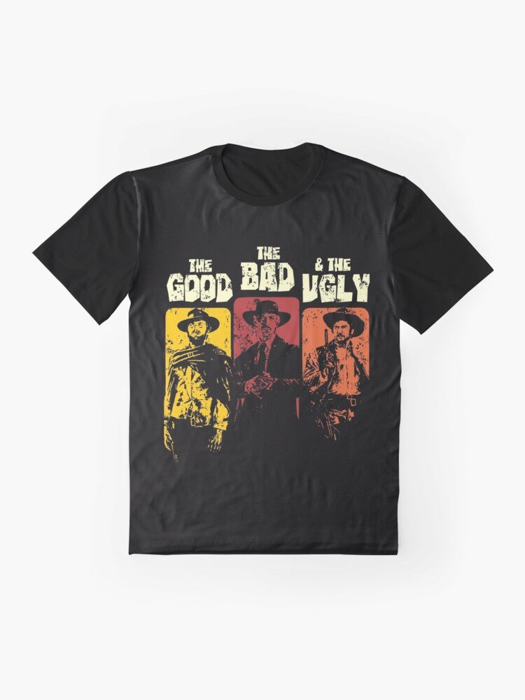 Graphic t-shirt featuring the iconic characters from the classic spaghetti western "The Good, The Bad, and The Ugly" - Flat lay