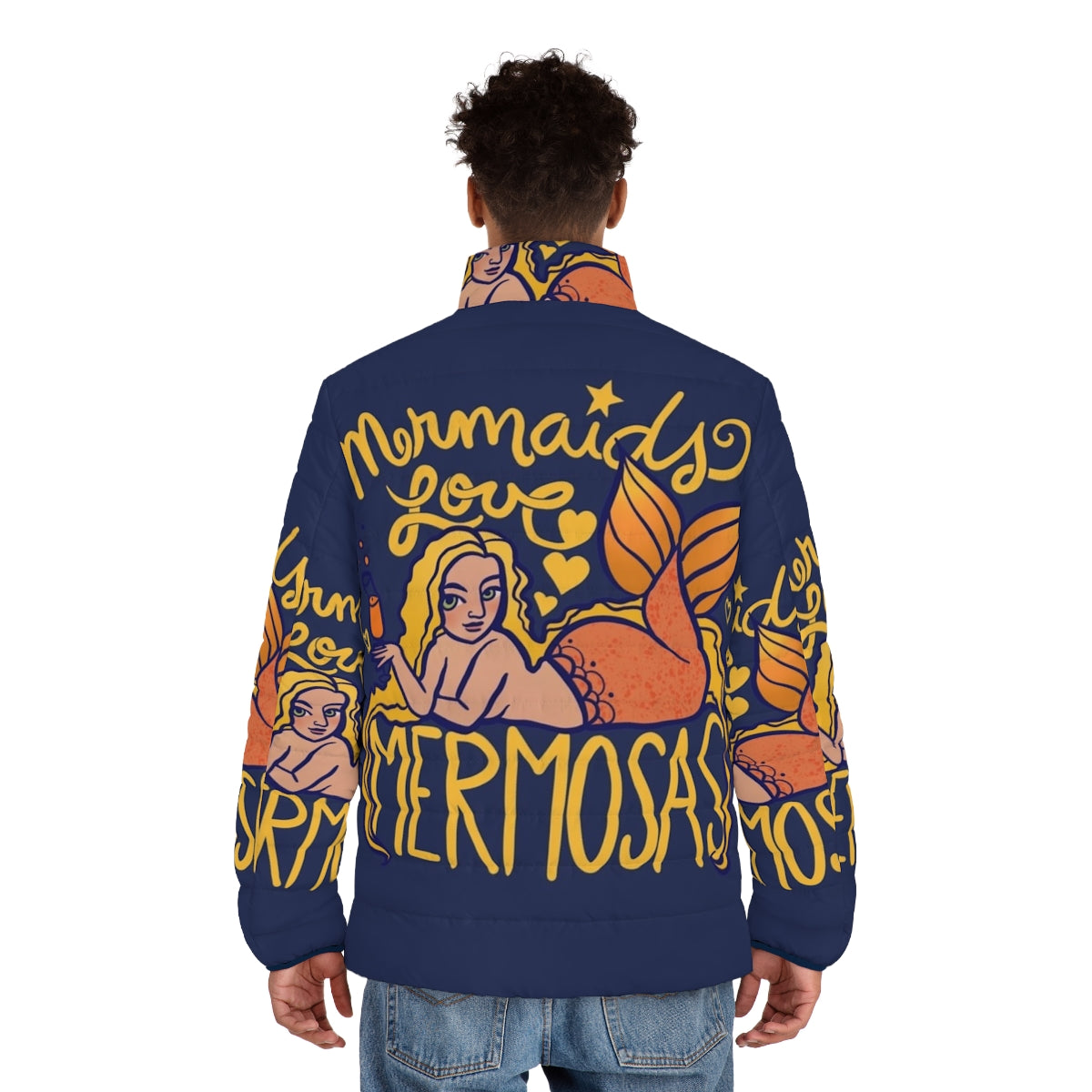 Mermaids Love Mermosas Puffer Jacket with a print of mermaids and mimosas - men back