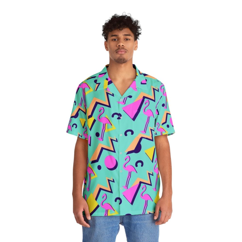 80s Hawaiian Shirt with Memphis Design Pattern and Vintage Flamingo Print - Lifestyle