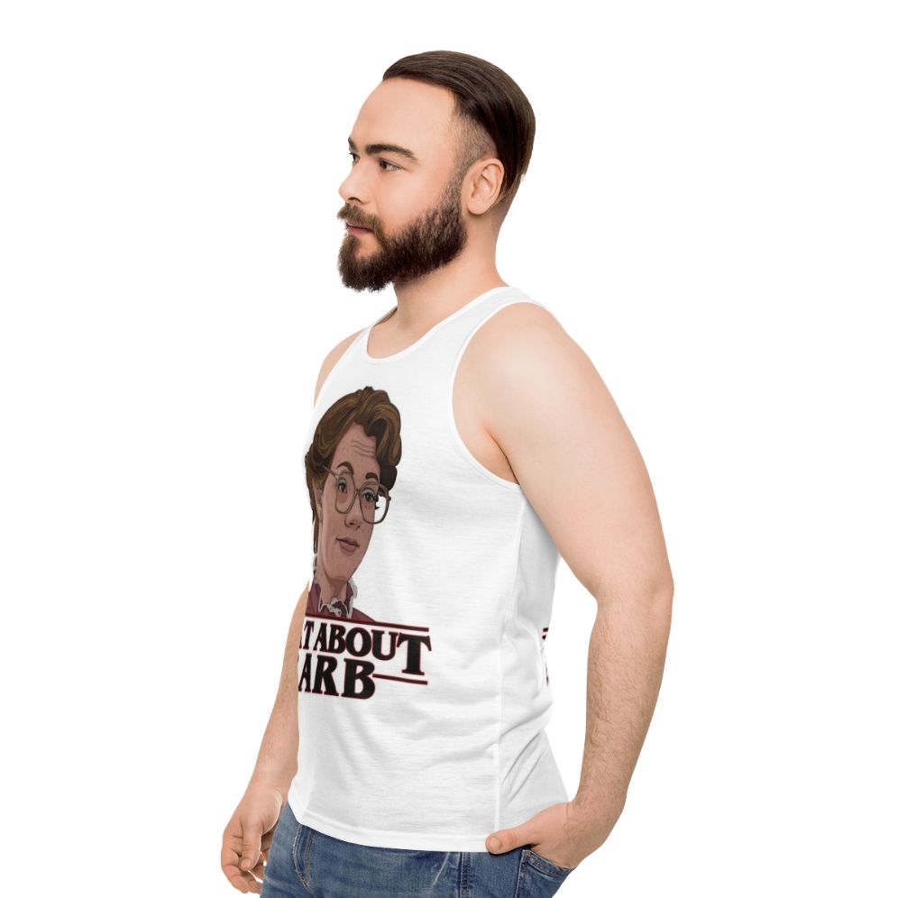 Unisex Stranger Things Netflix Tank Top featuring "What About Barb" design - men side