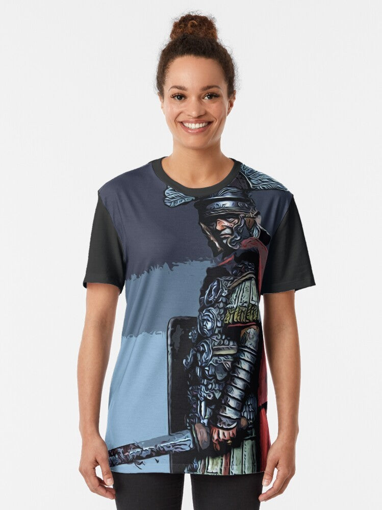 Graphic t-shirt featuring an ancient Roman centurion design - Women