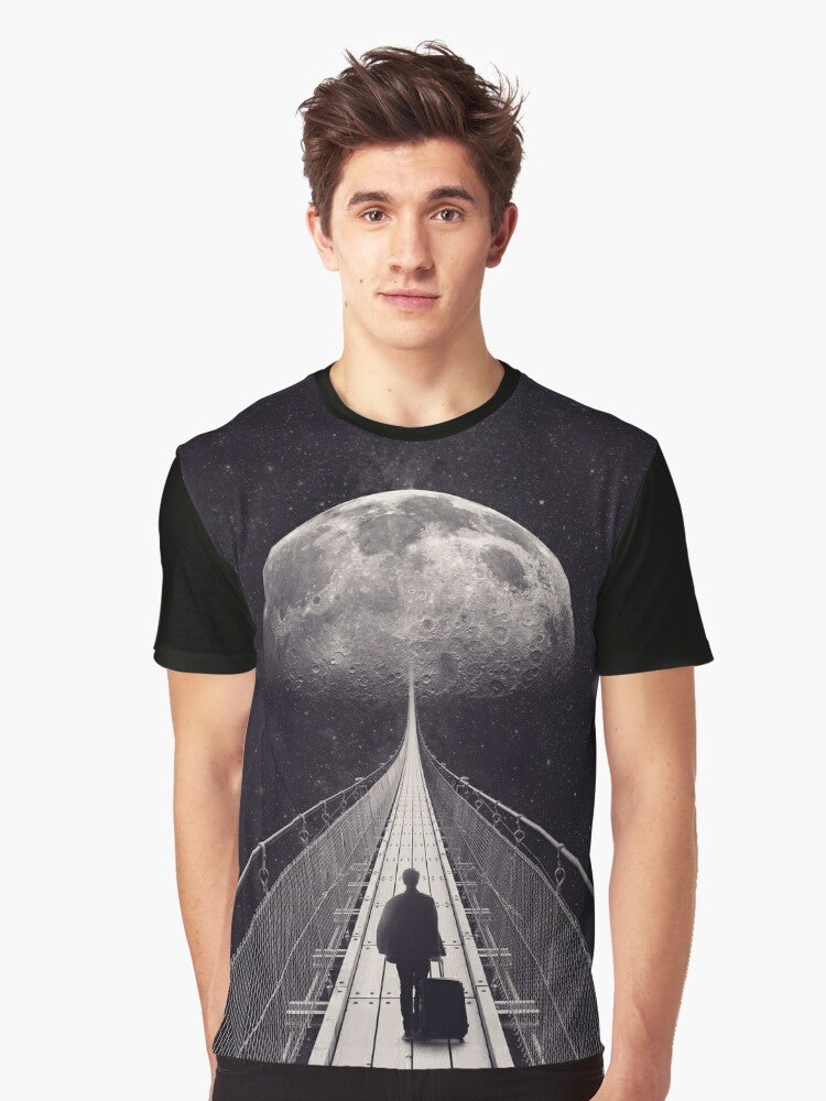 Astronaut floating among stars and moon in a surreal, cosmic graphic t-shirt design. - Men