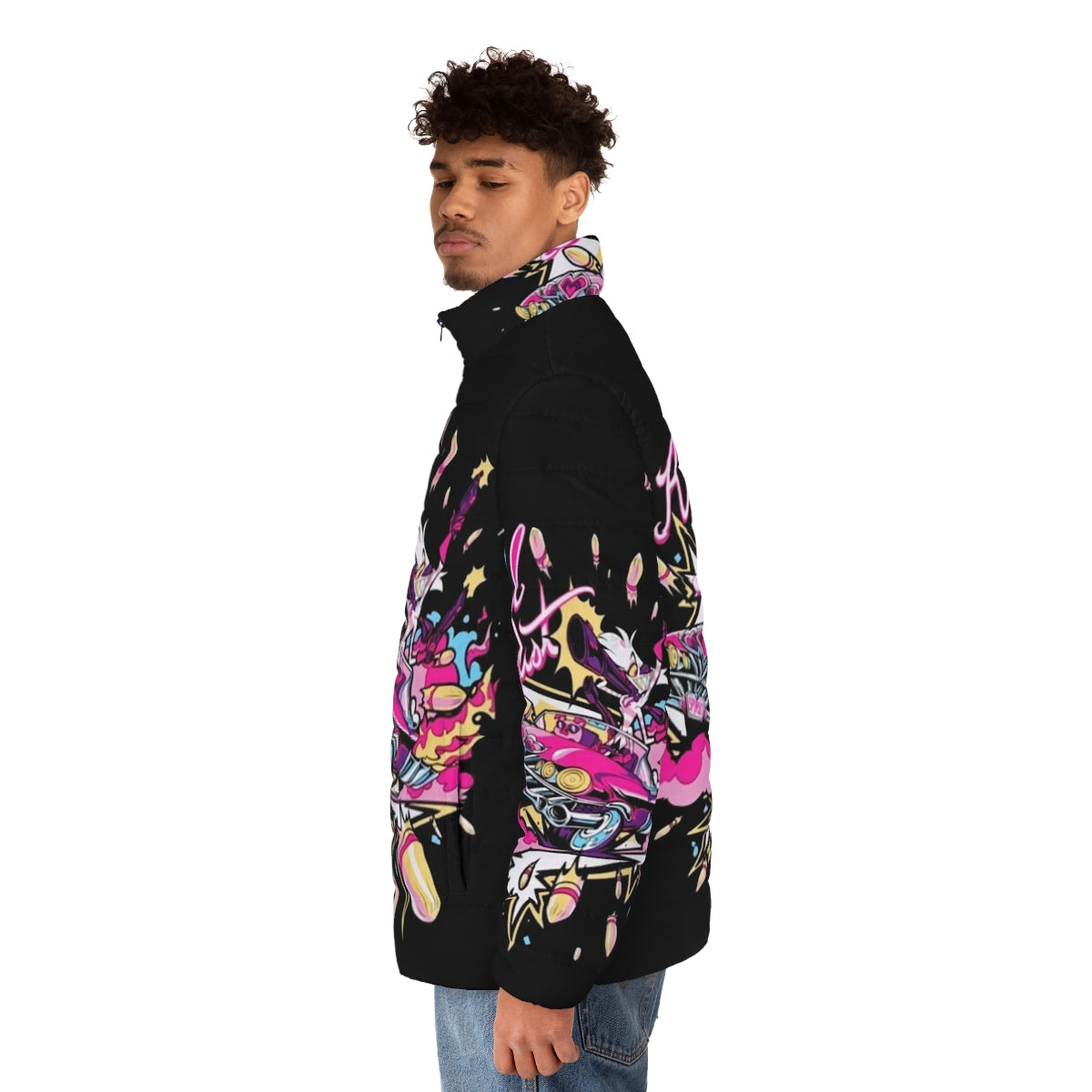 Hazbin Hotel Angel Dust Puffer Jacket with Anime-Inspired Design - men side left