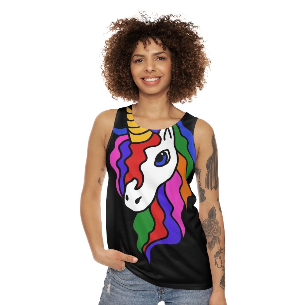 Retro unicorn unisex tank top with rainbow and cute design - women