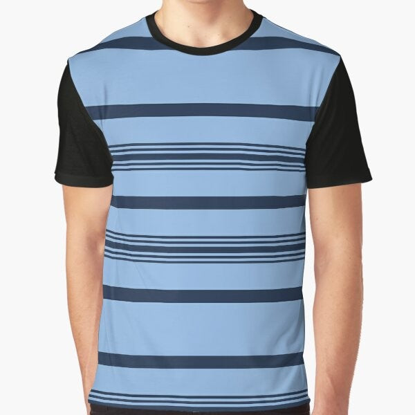 A blue and white striped graphic t-shirt with the text "Dear Evan Hansen" printed on the front.