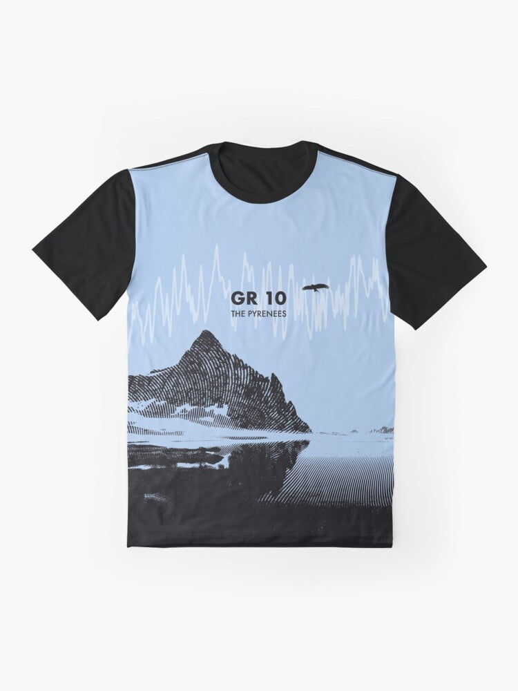 Blue graphic t-shirt with pilgrimage hiking GR 10 elevation art design - Flat lay