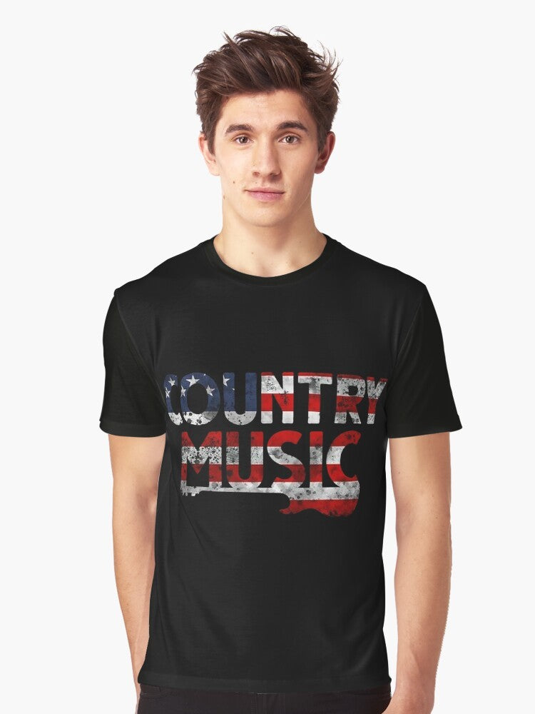 Vintage country music graphic with retro guitar and American flag design for line dancers - Men