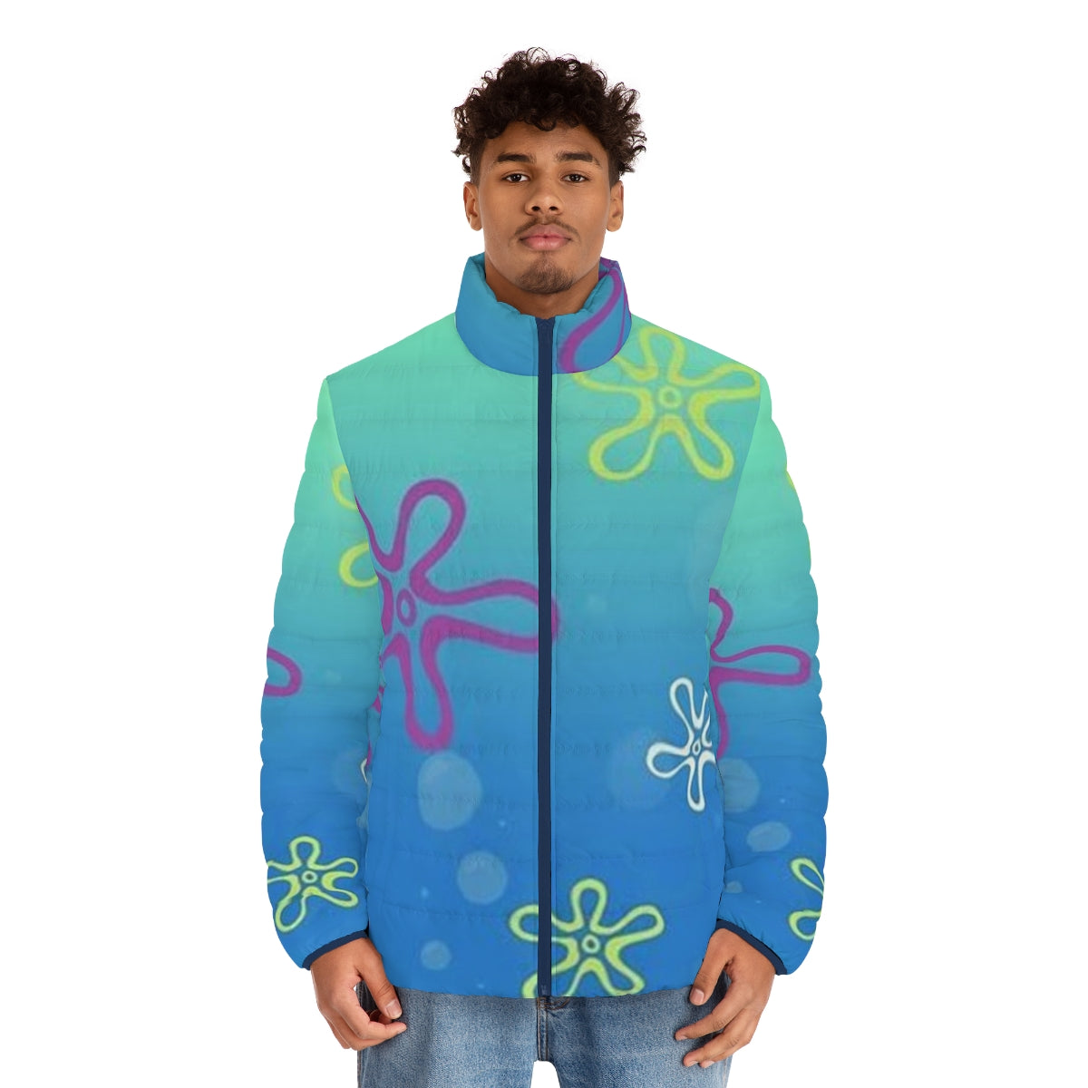 Spongebob Bikini Bottom themed puffer jacket with tapestry design - men front