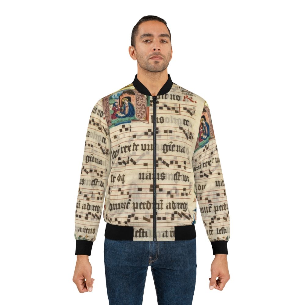 Bomber jacket featuring intricate medieval illuminated manuscript designs and religious imagery - Lifestyle