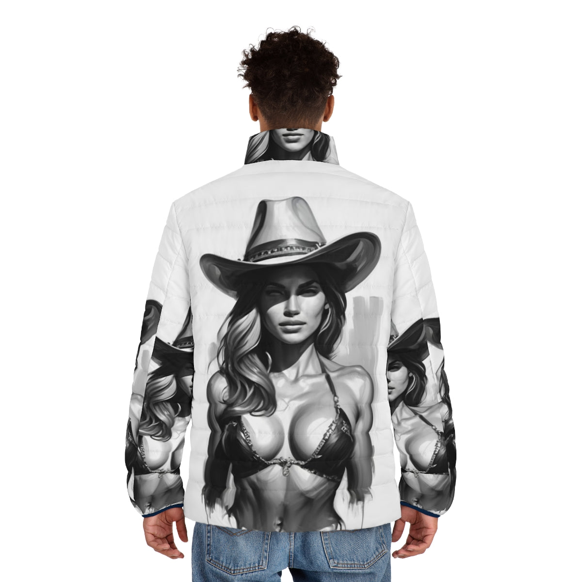 Beautiful woman wearing a fashionable cowgirl-inspired puffer jacket - men back