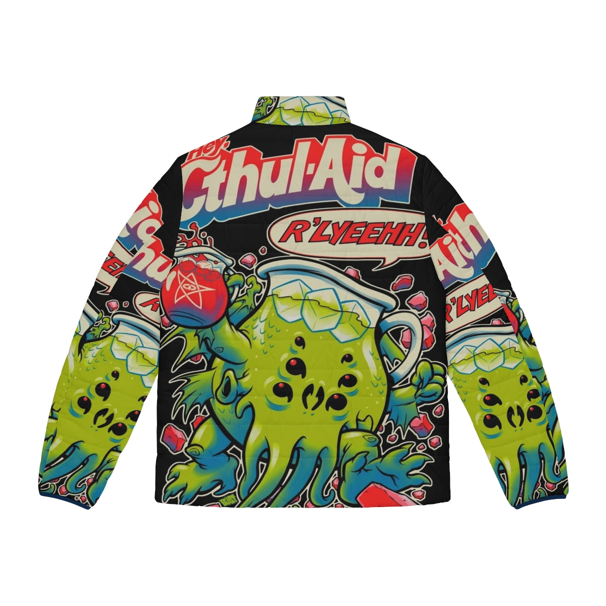 Cthulhu-inspired puffer jacket with elder god and Kool-Aid design - Back