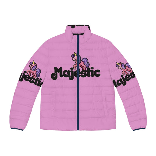 Majestic unicorn puffer jacket in a vibrant pink color with a whimsical unicorn design