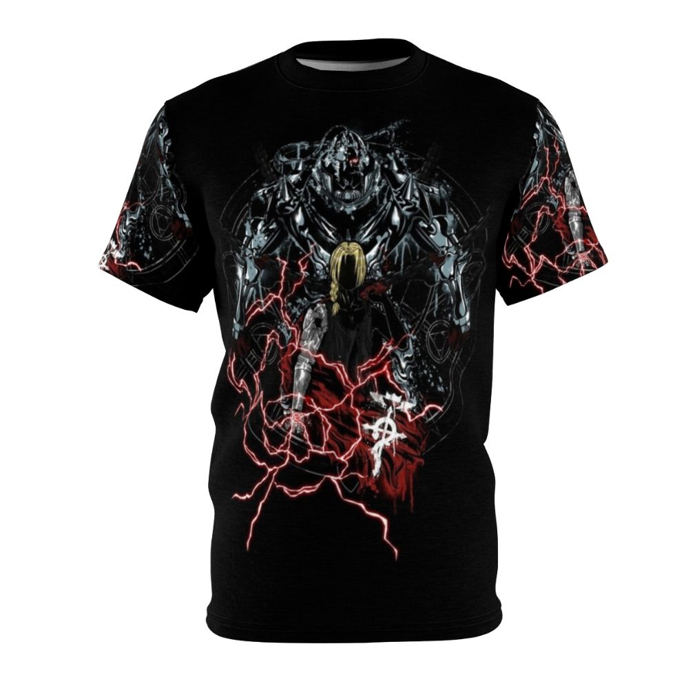 A stylized t-shirt featuring alchemical symbols and characters from the popular anime Fullmetal Alchemist.