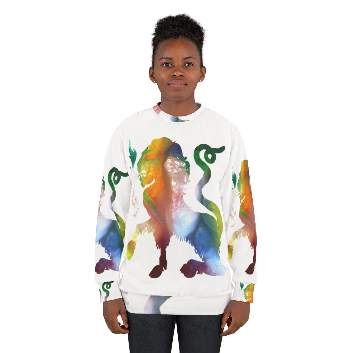 Watercolor illustration of a colorful chimera, a mythical Greek creature, on a sweatshirt - women