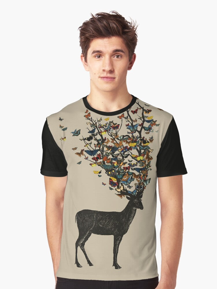 Wild nature graphic t-shirt with deer, butterflies, and colorful design - Men