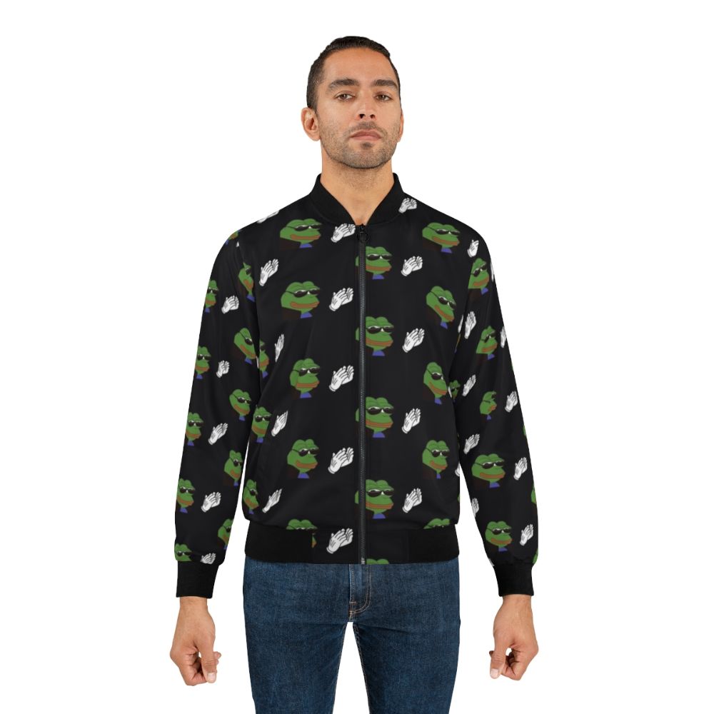 EZ Clap Bomber Jacket with Pepe the Frog and Sun Face Design for Gamers and Twitch Streamers - Lifestyle