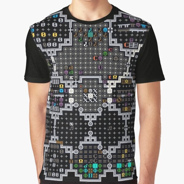 Dwarf Fortress gaming themed graphic t-shirt with pixel art tiles