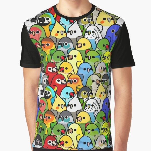 Colorful graphic t-shirt featuring a group of cute birds, including cockatiels, cockatoos, macaws, and more. The text "Too Many Birds!" is prominently displayed.