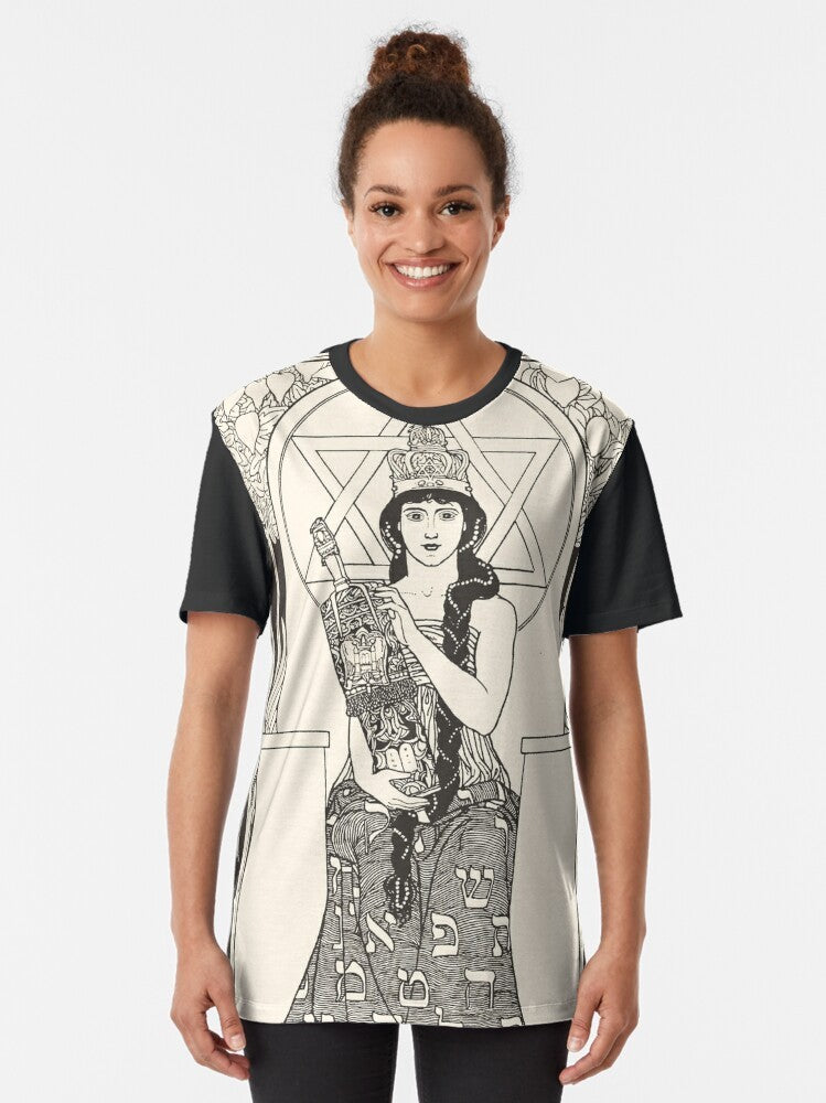 Graphic t-shirt featuring "The Queen of Sabbath" artwork by Ephraim Moses Lilien, a Jewish artist from the late 19th/early 20th century. - Women