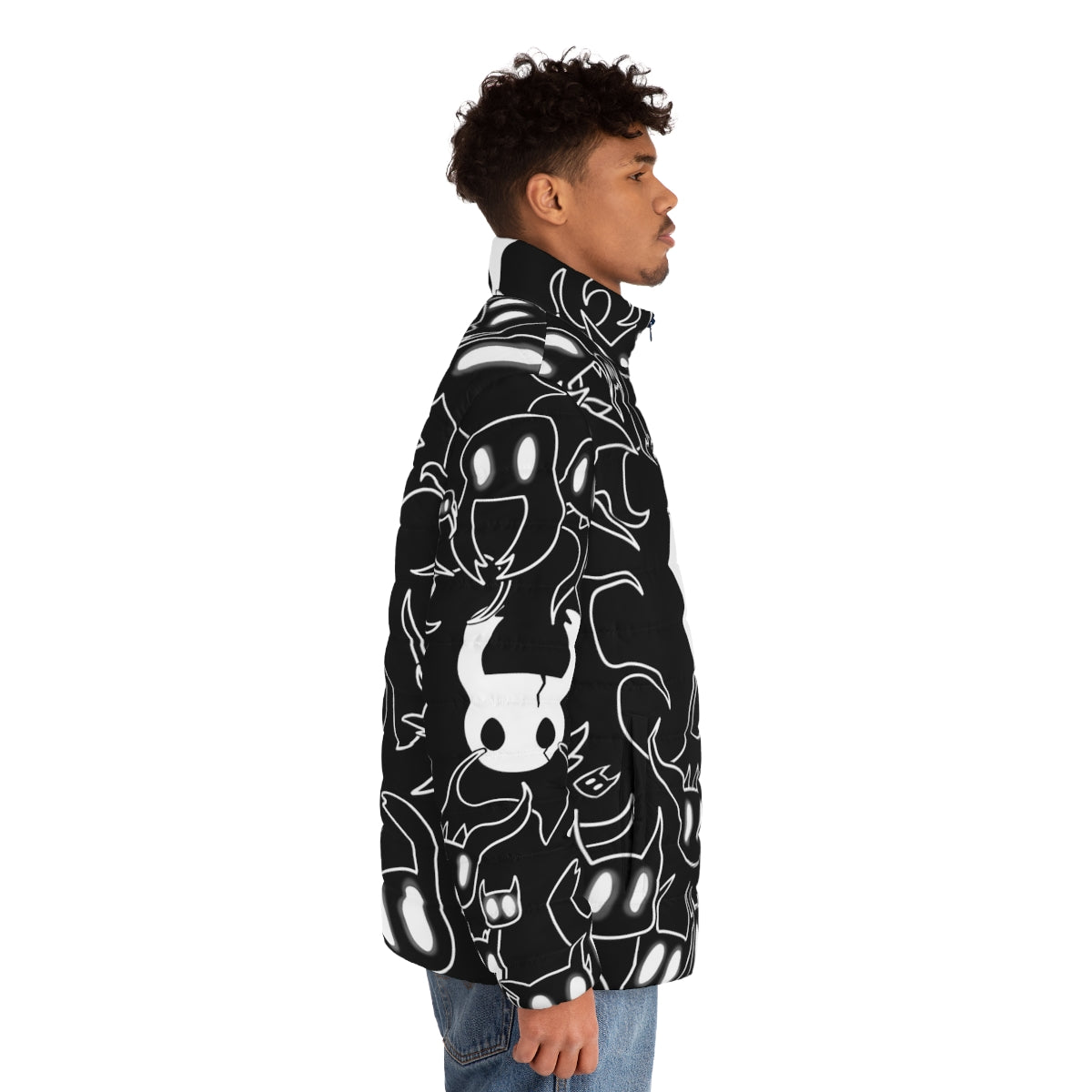 Hollow Knight doodle puffer jacket featuring the iconic knight character from the indie metroidvania game - men side right