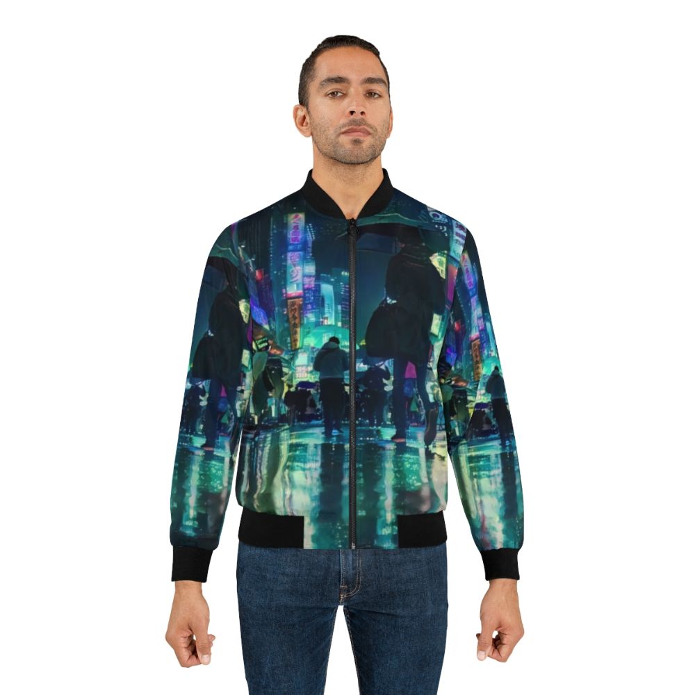 Cyberpunk-inspired bomber jacket featuring a rainy cityscape of Tokyo at night with neon lights, skyscrapers, and a dystopian, vaporwave-esque atmosphere. - Lifestyle