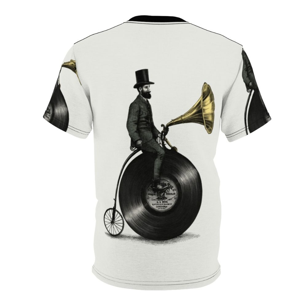 A t-shirt featuring a vintage-inspired, surreal digital illustration of a music-themed character with a top hat, mustache, and penny farthing bicycle. - Back