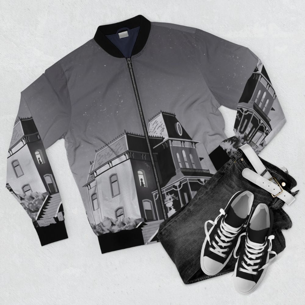 Illustration of Alfred Hitchcock's classic film "Psycho" on a bomber jacket - Flat lay