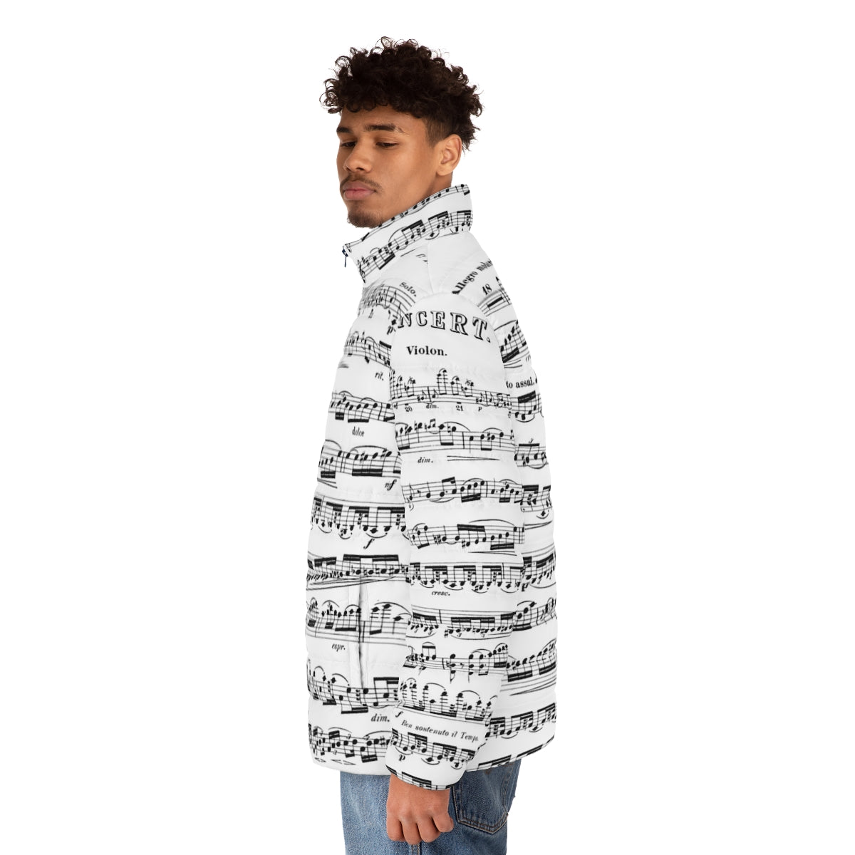 Puffer jacket featuring the Tchaikovsky Violin Concerto design - men side left