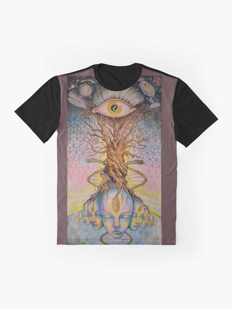 Pineal gland visionary art t-shirt featuring a graphic design with a snake, tree, and third eye symbolism - Flat lay