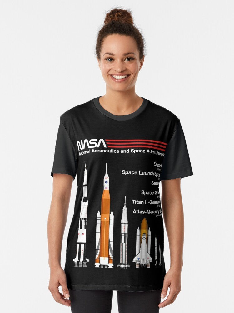 NASA rockets including Saturn V, SLS, Saturn IB, Space Shuttle, Titan, and Atlas in a lineup graphic design for a t-shirt. - Women