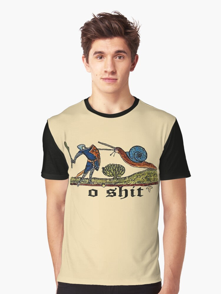 A medieval knight battling a snail, medieval graphic t-shirt design - Men