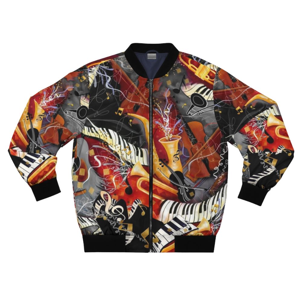 A vibrant bomber jacket featuring a collage of musical instruments like guitars, saxophones, trumpets, violins, and pianos.