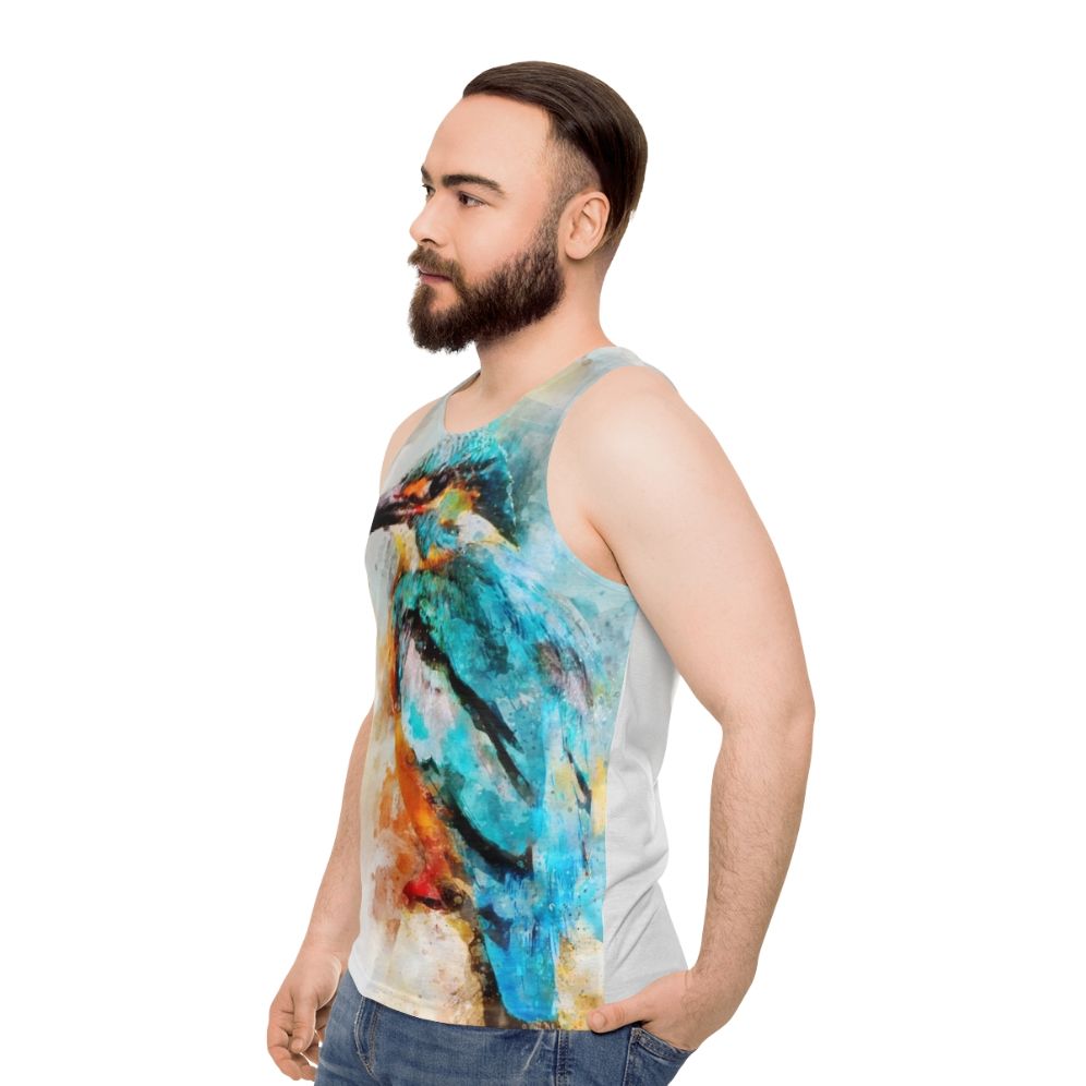 Unisex tank top with vibrant watercolor kingfisher design - men side