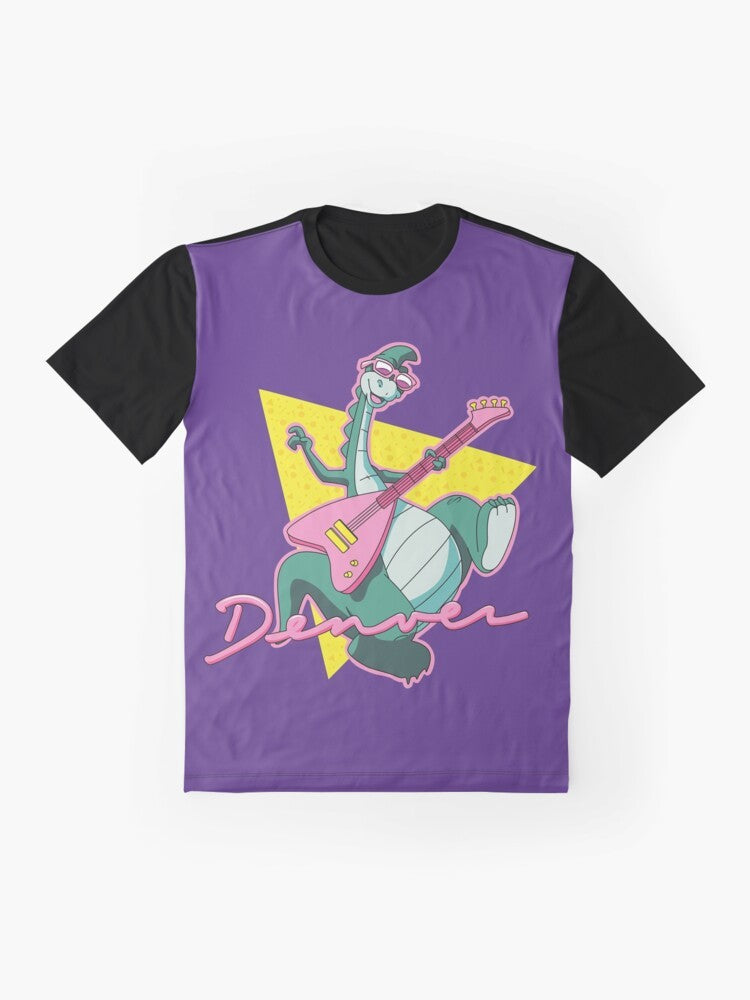 Retro 80s cartoon-style graphic t-shirt featuring "The Last Dinosaur", a nostalgic dinosaur character from the 1980s. - Flat lay