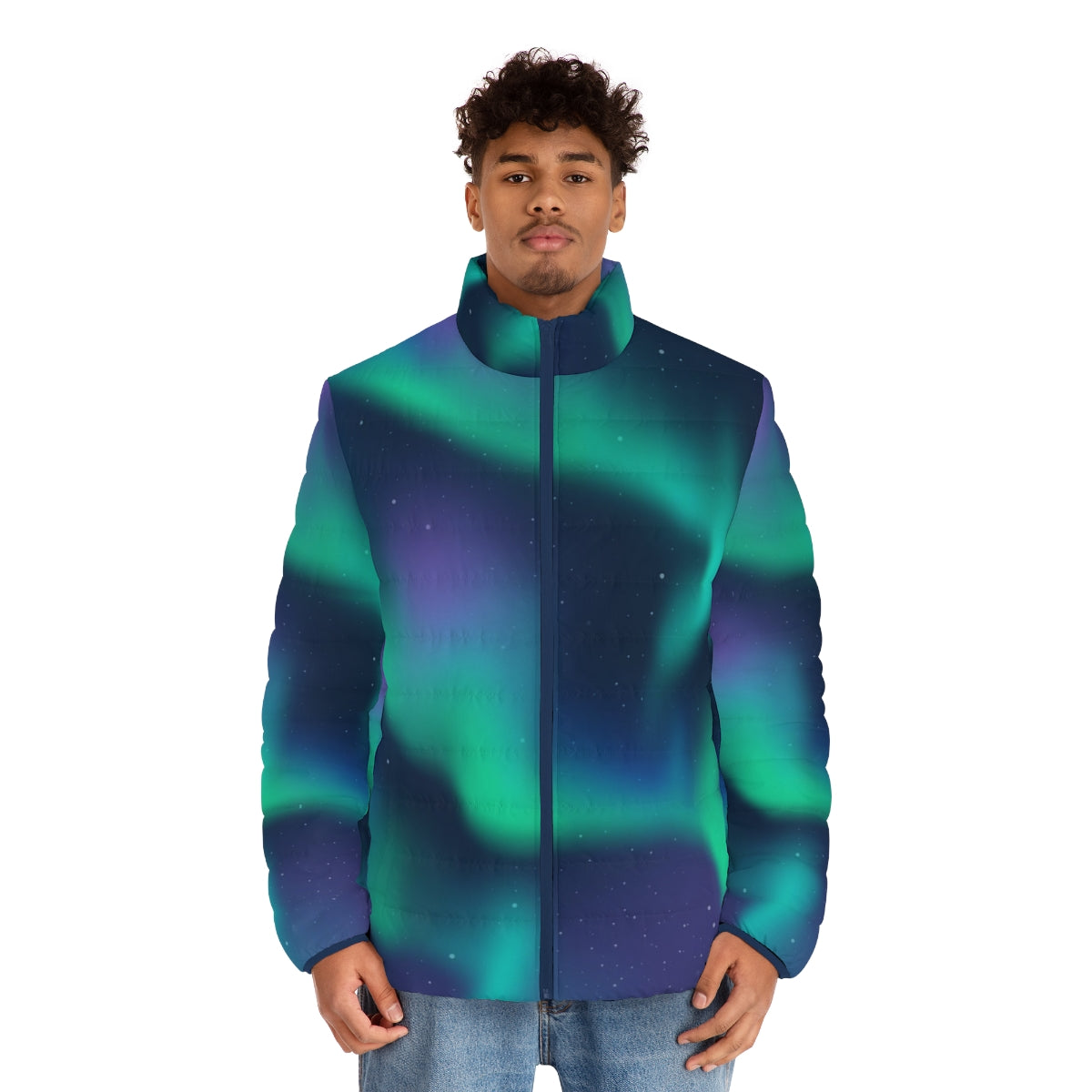 A person wearing a puffer jacket that features the mesmerizing northern lights or aurora borealis in the night sky. - men front