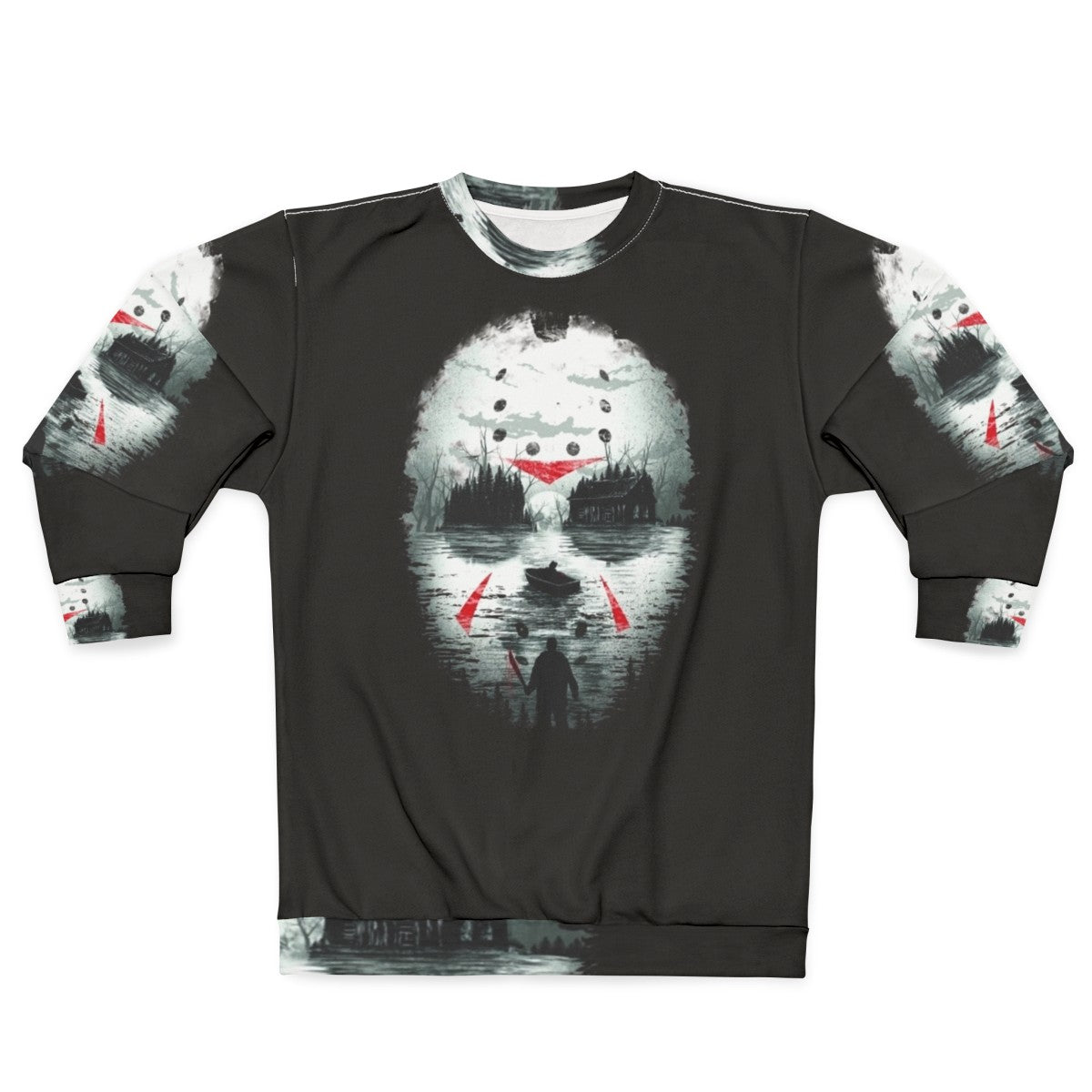 Friday the 13th inspired horror movie sweatshirt with Jason Voorhees illustration