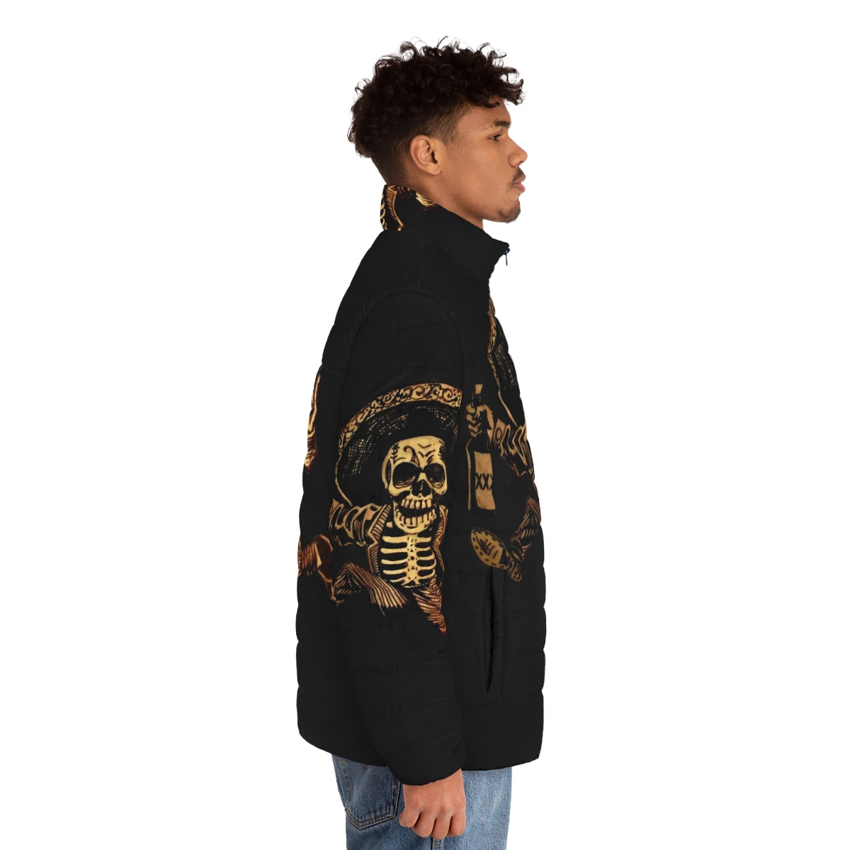 Dia de los Muertos inspired puffer jacket with sugar skull and outlaw design - men side right