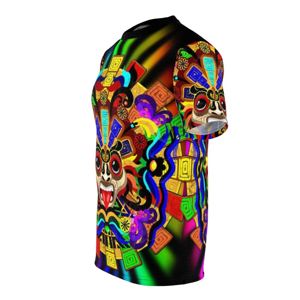 Colorful Aztec warrior mask design on a t-shirt - men left