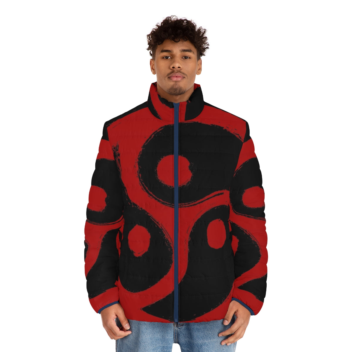 Red puffer jacket with triskelion design, BDSM and fetish inspired fashion - men front