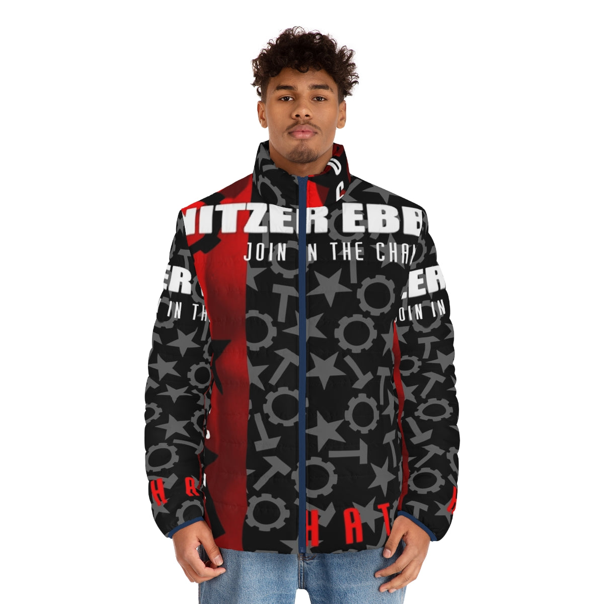 Nitzer Ebb inspired puffer jacket with "Join In The Chant" design - men front