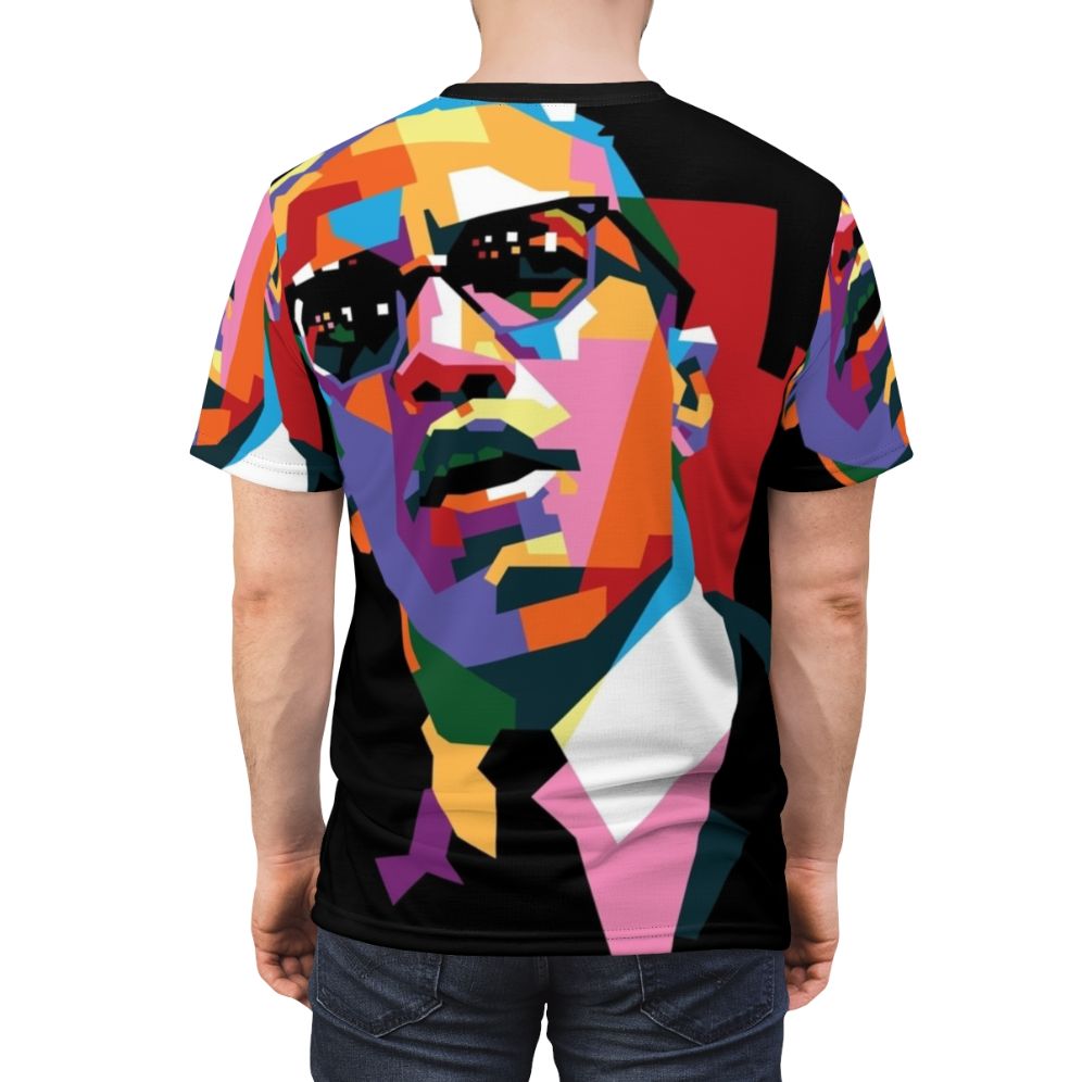 Stylized portrait of civil rights leader Malcolm X on a t-shirt - men back