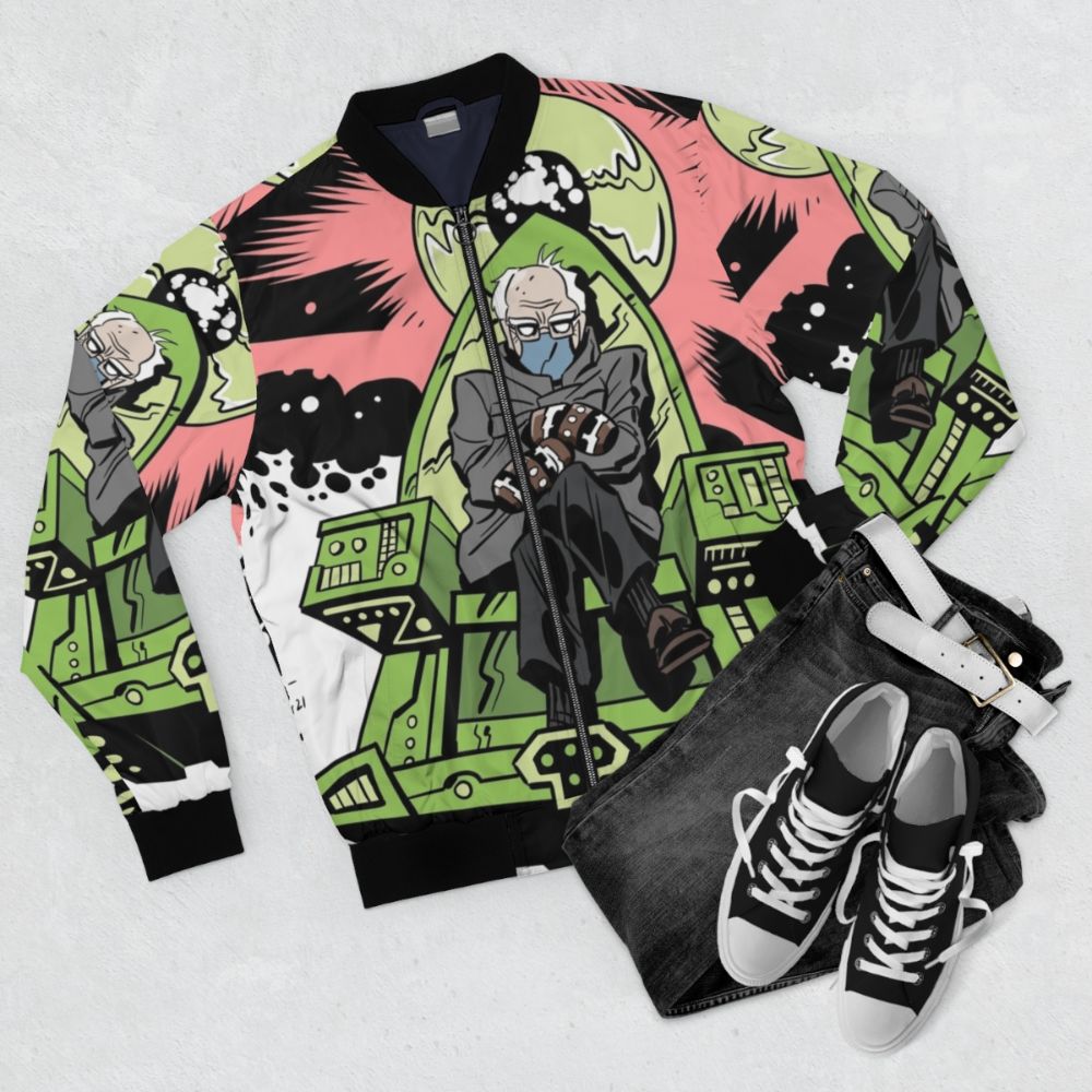 Cosmic bomber jacket with Bernie Sanders and comics-inspired design - Flat lay