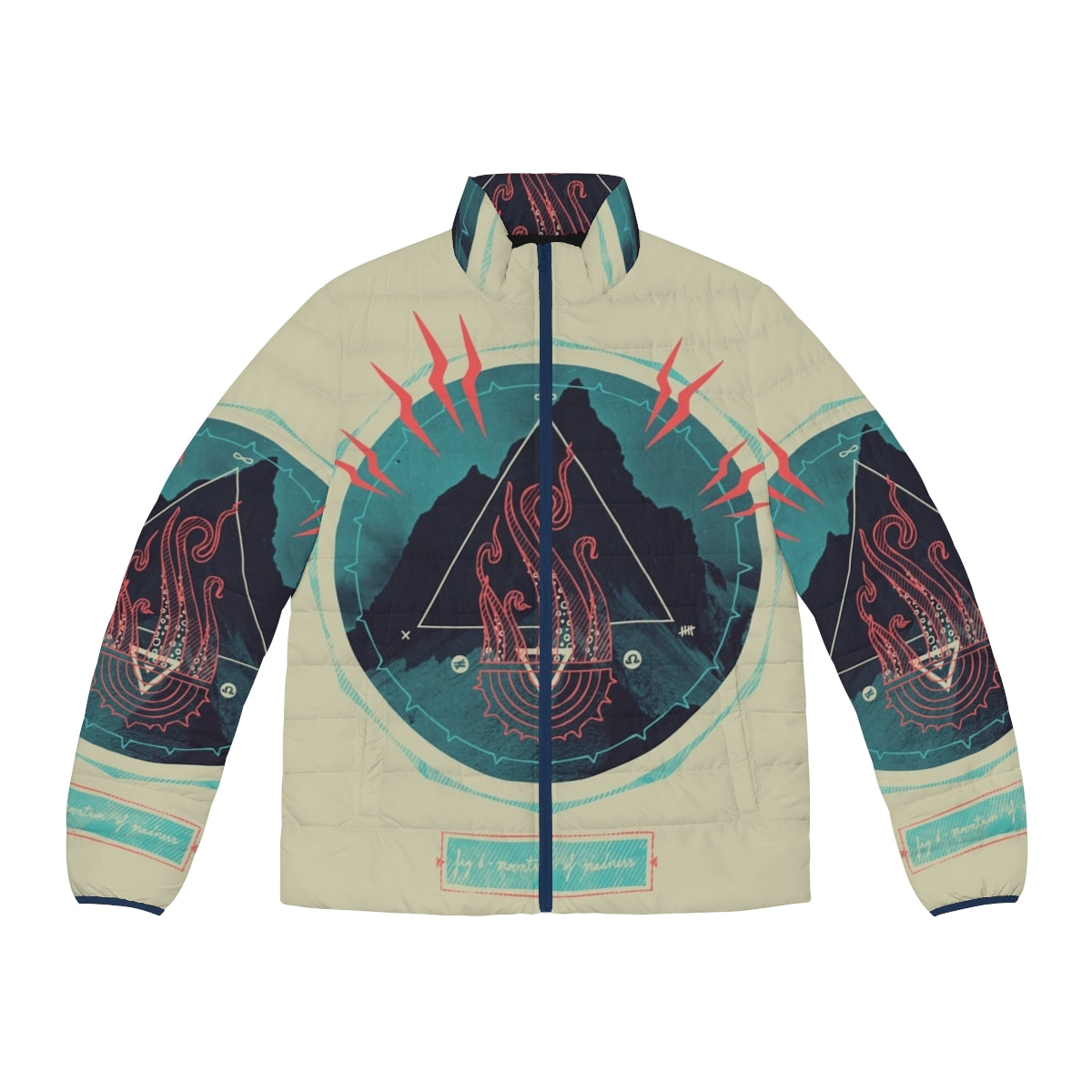 Puffer jacket with Lovecraft-inspired mountain and occult design