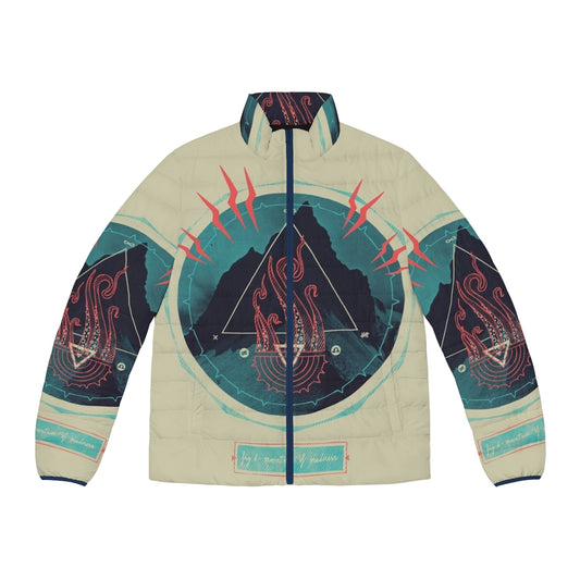 Puffer jacket with Lovecraft-inspired mountain and occult design