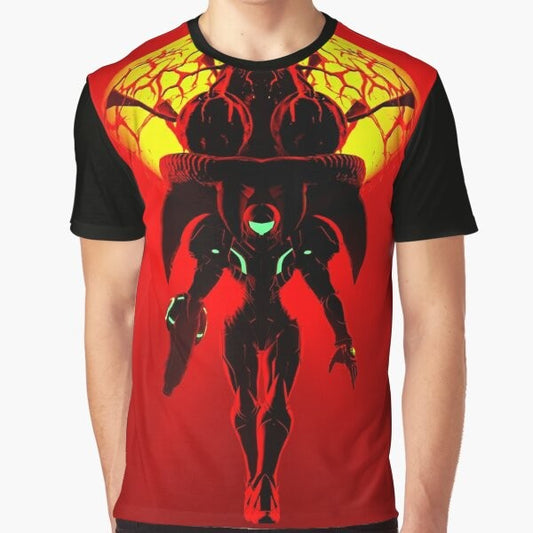 Metroid Samus Aran character graphic on a t-shirt