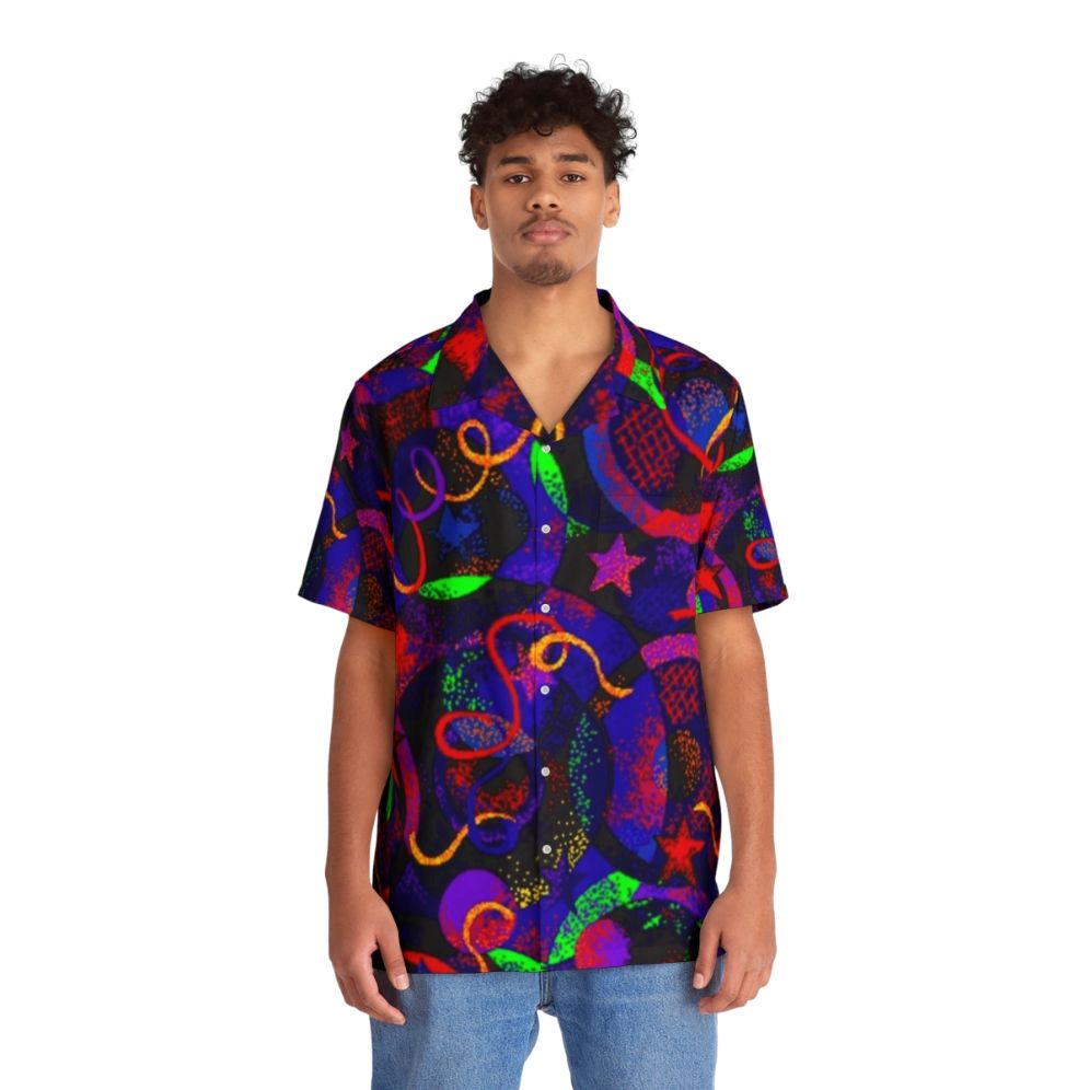 Retro Hawaiian shirt with roller skating and neon patterns - People Front